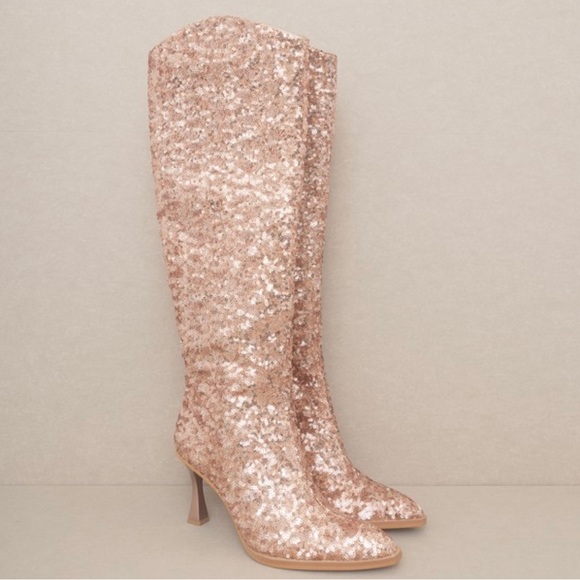 Knee High Rose Gold Sequin Boots - Picture 4 of 6